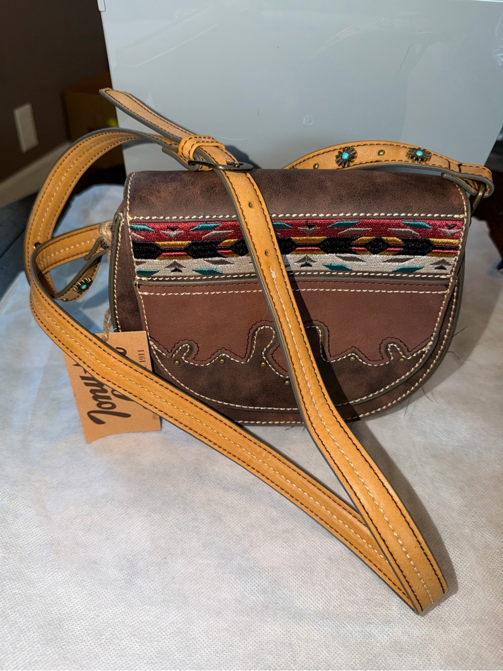Tony Lama Brown Leather Crossbody with Multicolor Aztec Accent - Picture 3 of 8
